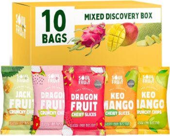 Soul Fruit Discovery Box - Dried Fruit & Freeze Dried Fruit Snacks - Dragon Fruit, Mango, Jackfruit - No Added Sugar - Low Calorie - Lunchbox Snacks - Healthy Snacks for Adults & Kids - 10 x 30/20g